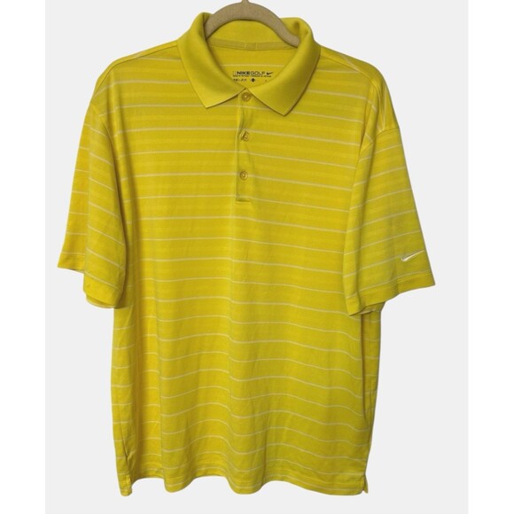 Nike Golf Dri Fit Mens Size L Yellow Stripe Perform Polo Shirt Logo Short Sleeve - Picture 1 of 6